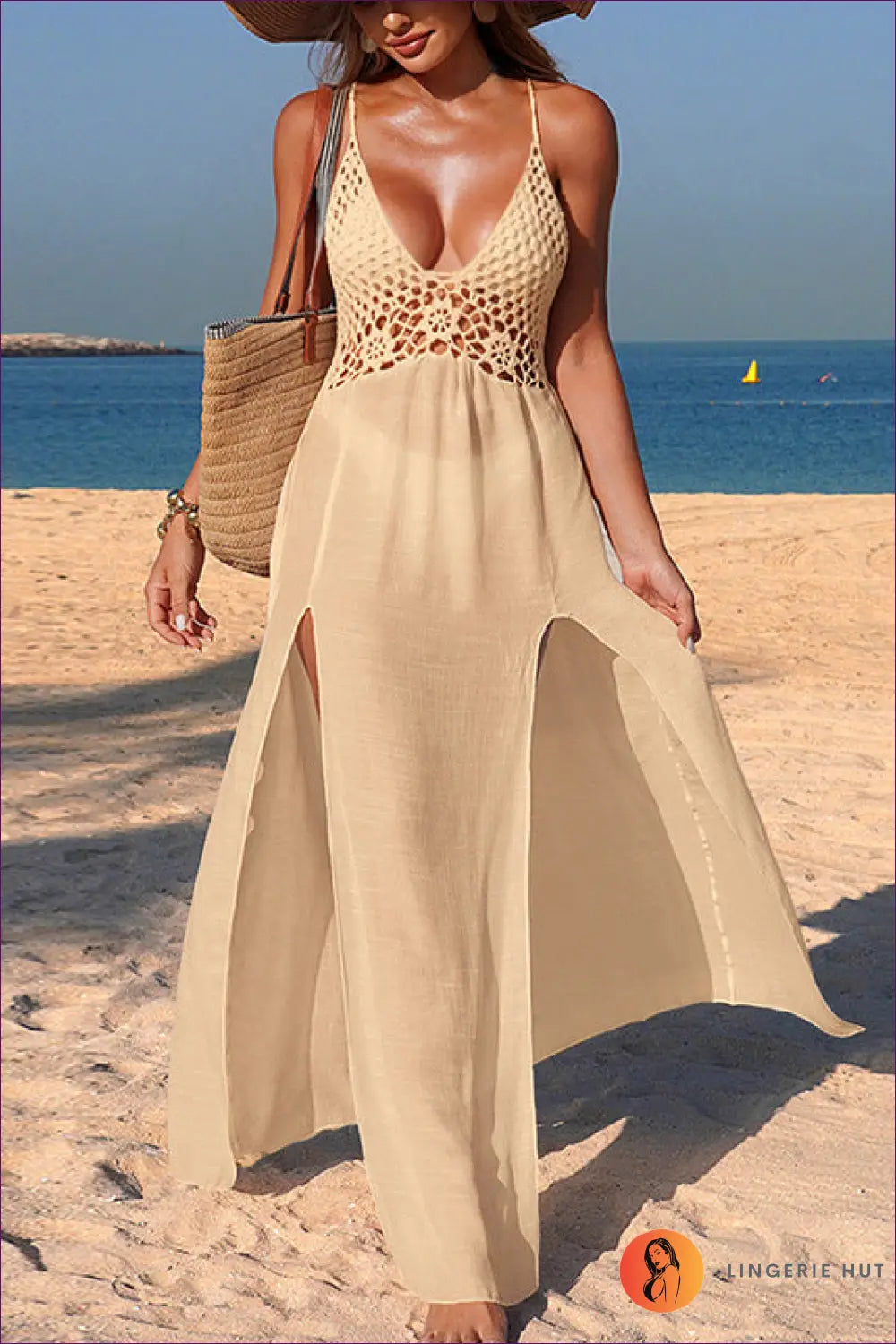 Crochet Beach Maxi Dress with Deep V-neck - Bohemian Luxury - s / Apricot - Dresses - Clothing • Cover Up • Glamour