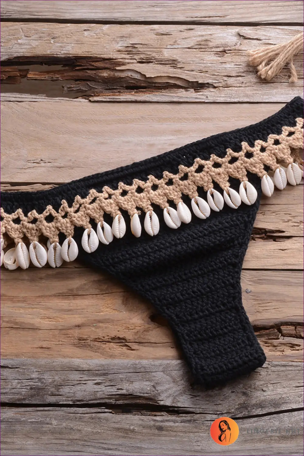 Crochet Bikini Set with Shell Trim - Boho Beach Mood - s / Black Khaki-2 - Lingerie Hut - Beachwear • Casual
