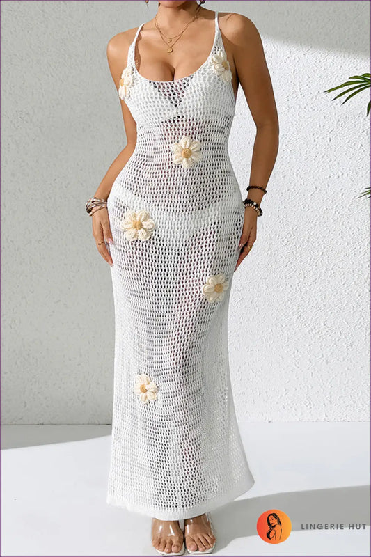 Crochet Dress with Floral Appliqué - Handcrafted Romance - s / White - Dresses - Lingerie Hut - Boho • Cotton