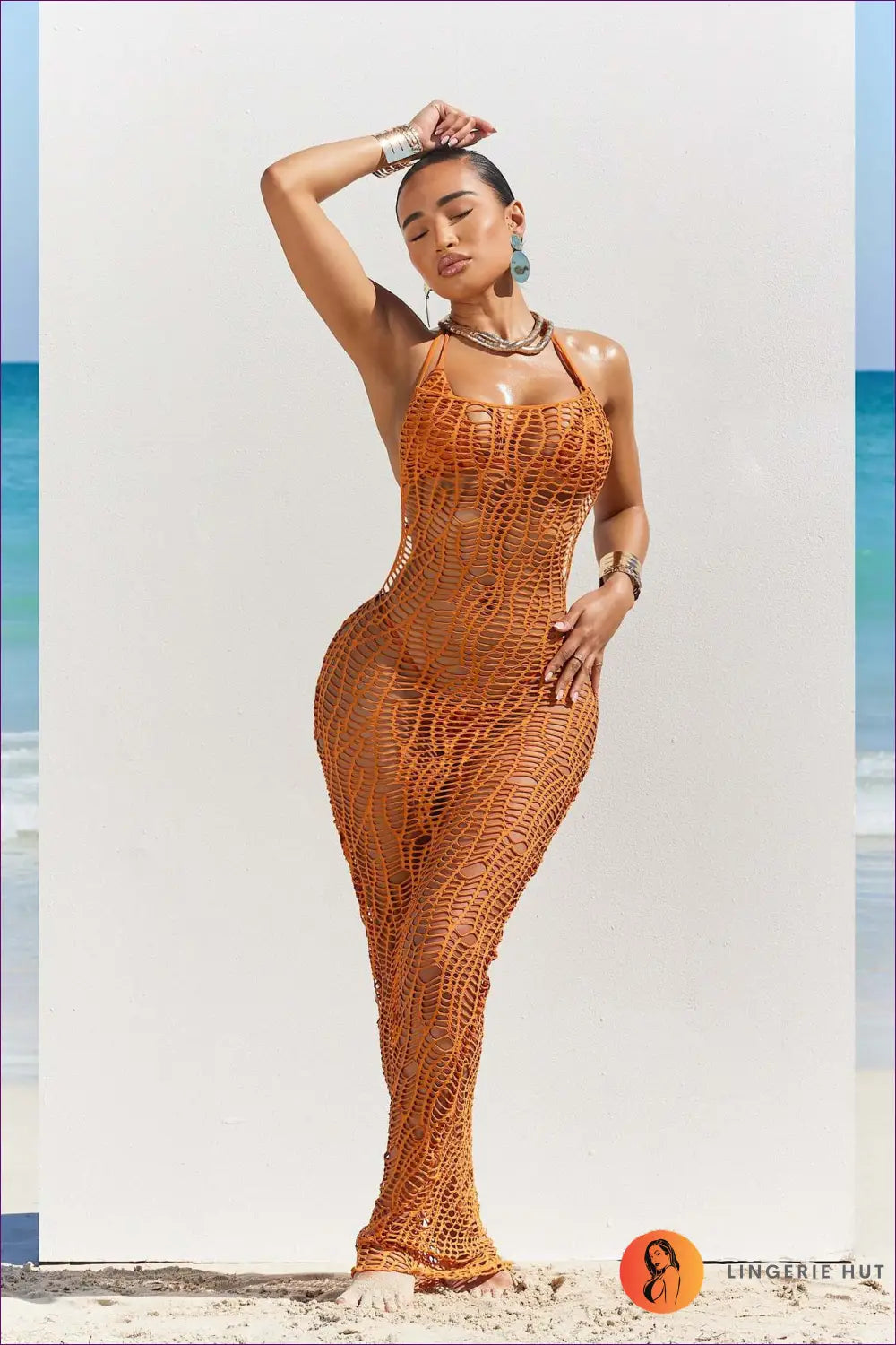 Crochet Maxi Dress with Halter Neckline - Effortless Holiday Glamour - s / Khaki - Dresses - Lingerie Hut - Beachwear