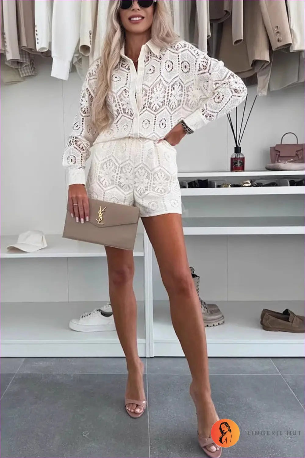 Crochet co Ord Set with Collared Shirt & Shorts - Holiday Edit - s / Ivory - Lingerie Hut - Beachwear • Boho • Casual