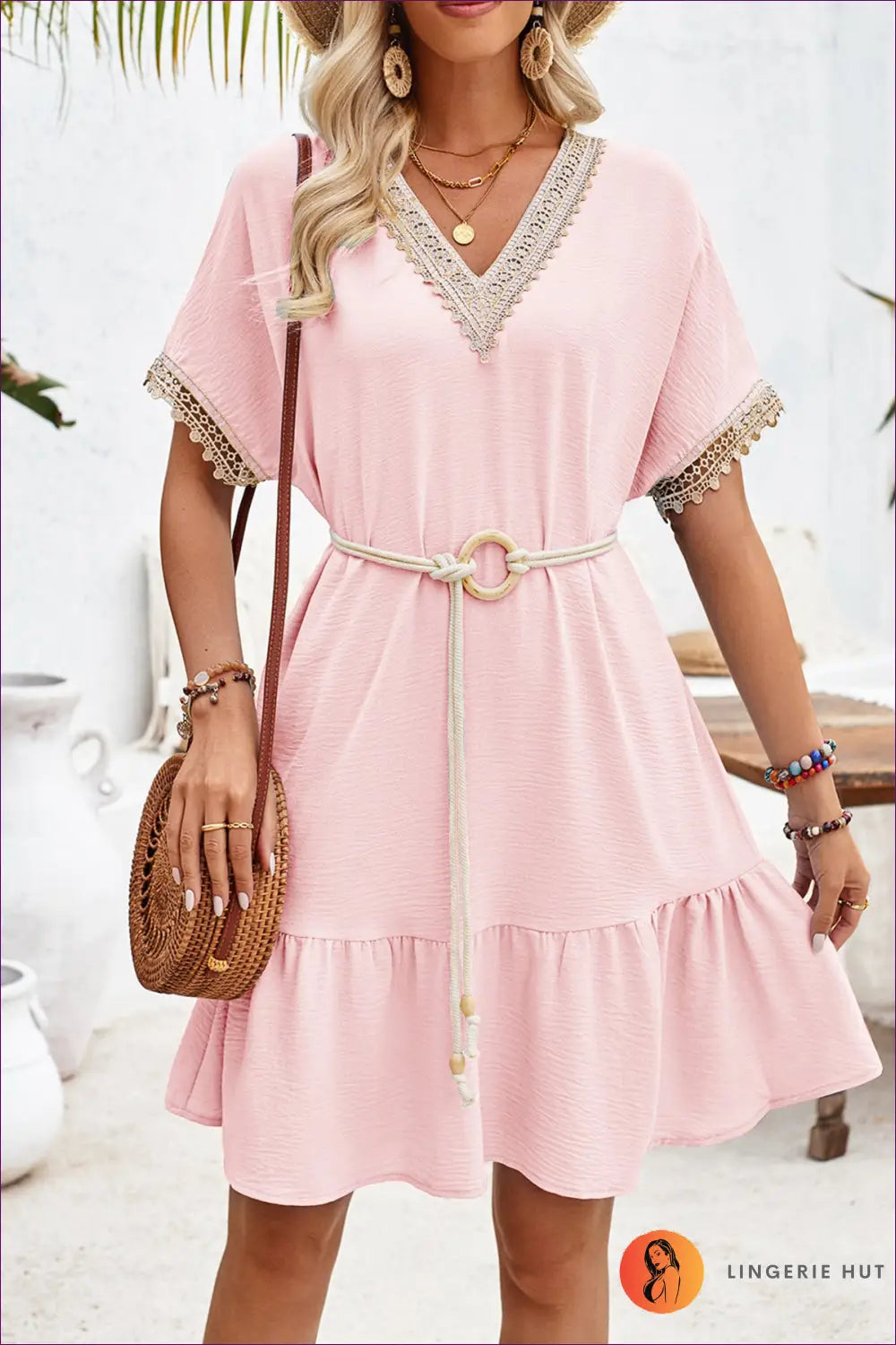Crochet Trim Kaftan Dress - Effortless Holiday Elegance - s / Pink - Dresses - Cover Up • Everyday • Party • Polyester