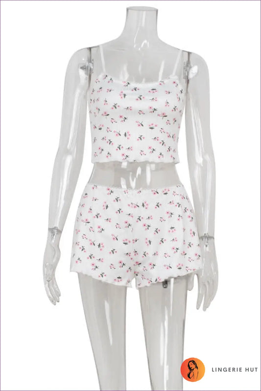 Floral Crop co Ord Set - Effortless Joy Dressing - s / White - Lingerie Hut - Boho • Casual • Cotton • Everyday
