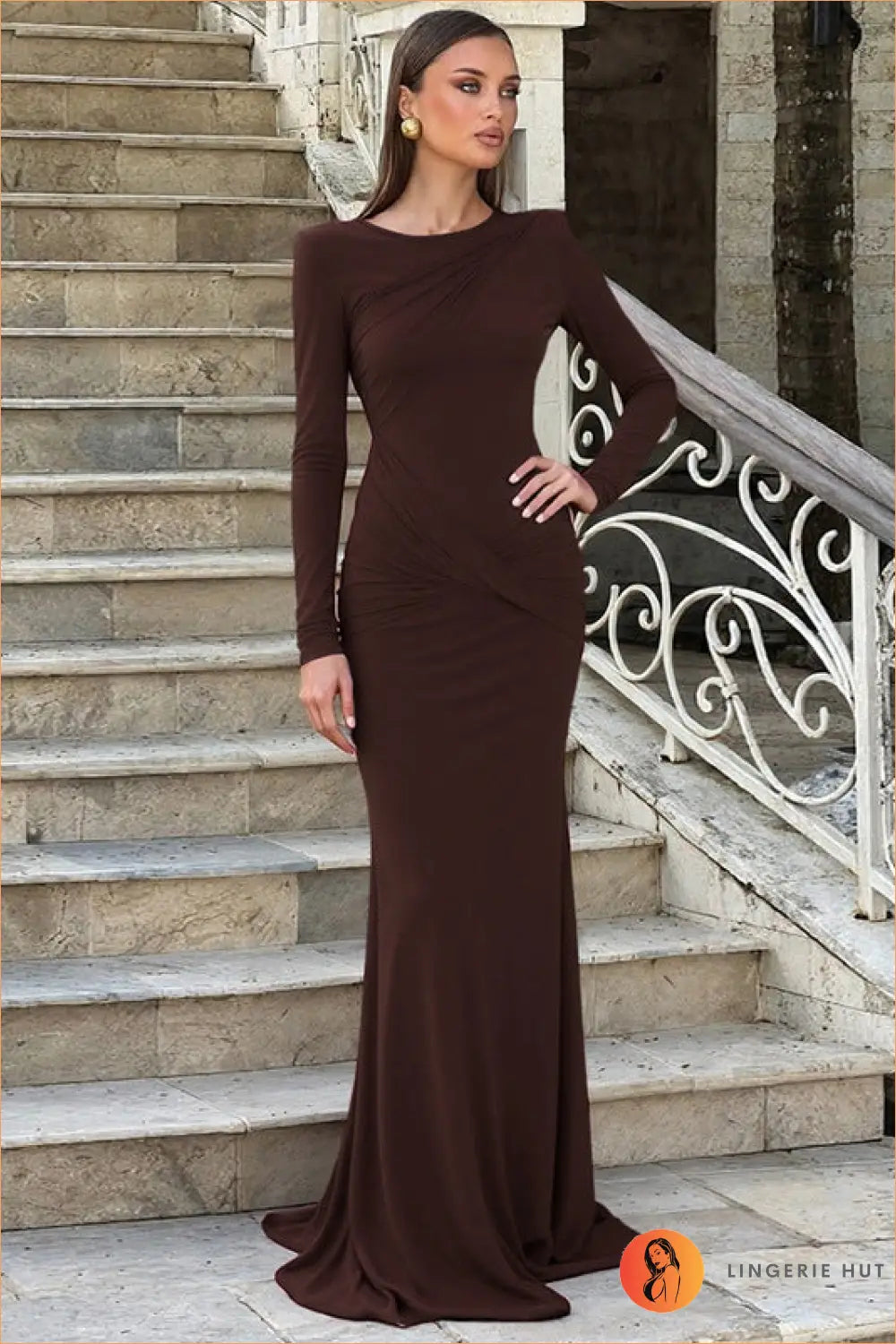 Long Sleeve Maxi Dress - Worth a Second Look - s / Coffee - Dresses - Bodycon • Clothing • Glamour • Lingerie Hut