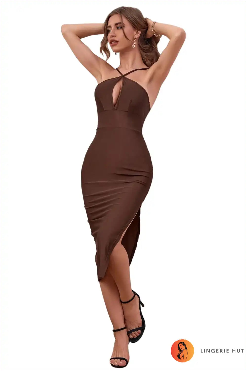 Cut-out Halter Knit Midi Dress with Side Slit - Statement Party for Bodycon, Clubwear, Cutout, Evening Wear,