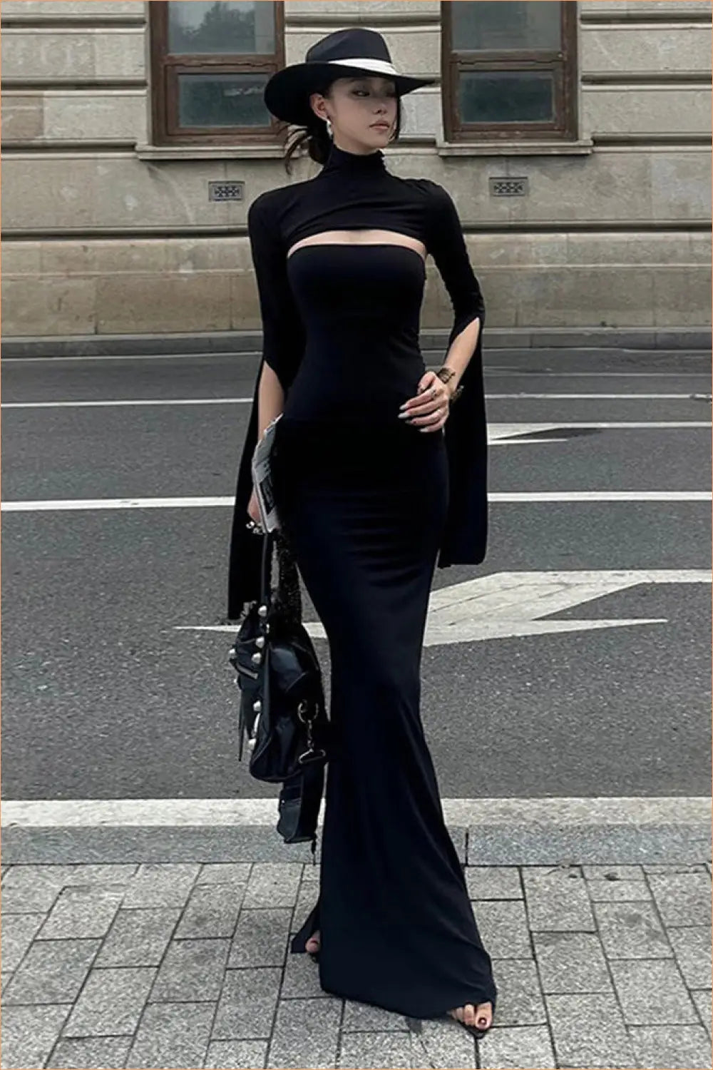 Cut-out Maxi Dress with High Collar - Understated Glamour - Dresses - Autumn • Bodycon • Clothing • Cutout • Lingerie