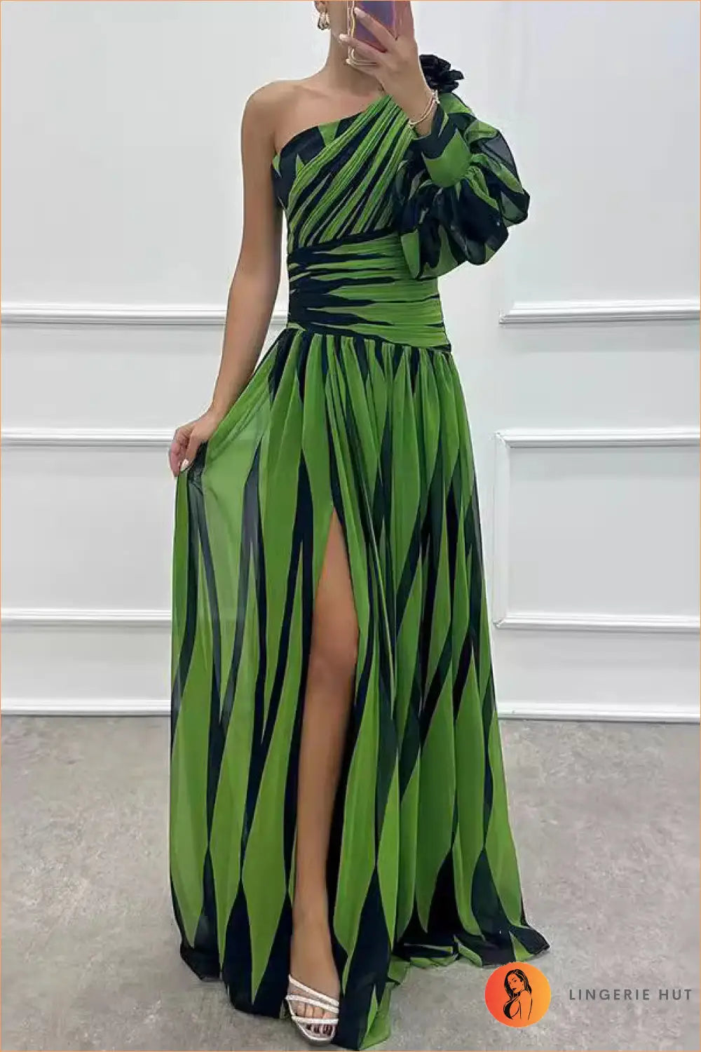 One Shoulder Striped Maxi Dress - s / Green - Dresses - Best Seller • Casual • Clothing • Glamour - Lingerie Hut