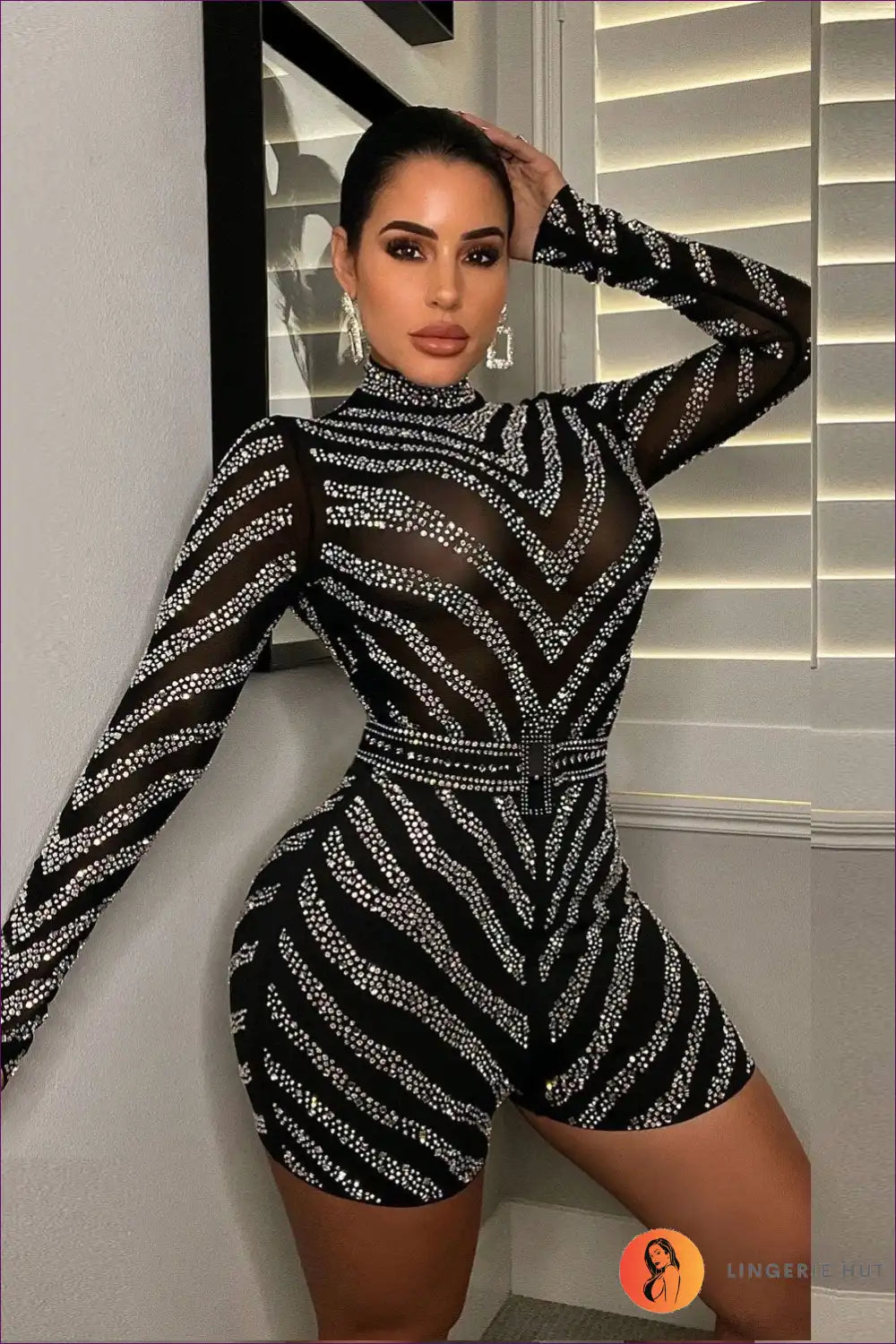 Shine Bright In Our Dazzling Rhinestone-embellished Slim Fit Jumpsuit. Designed To Turn Heads And Boost Your