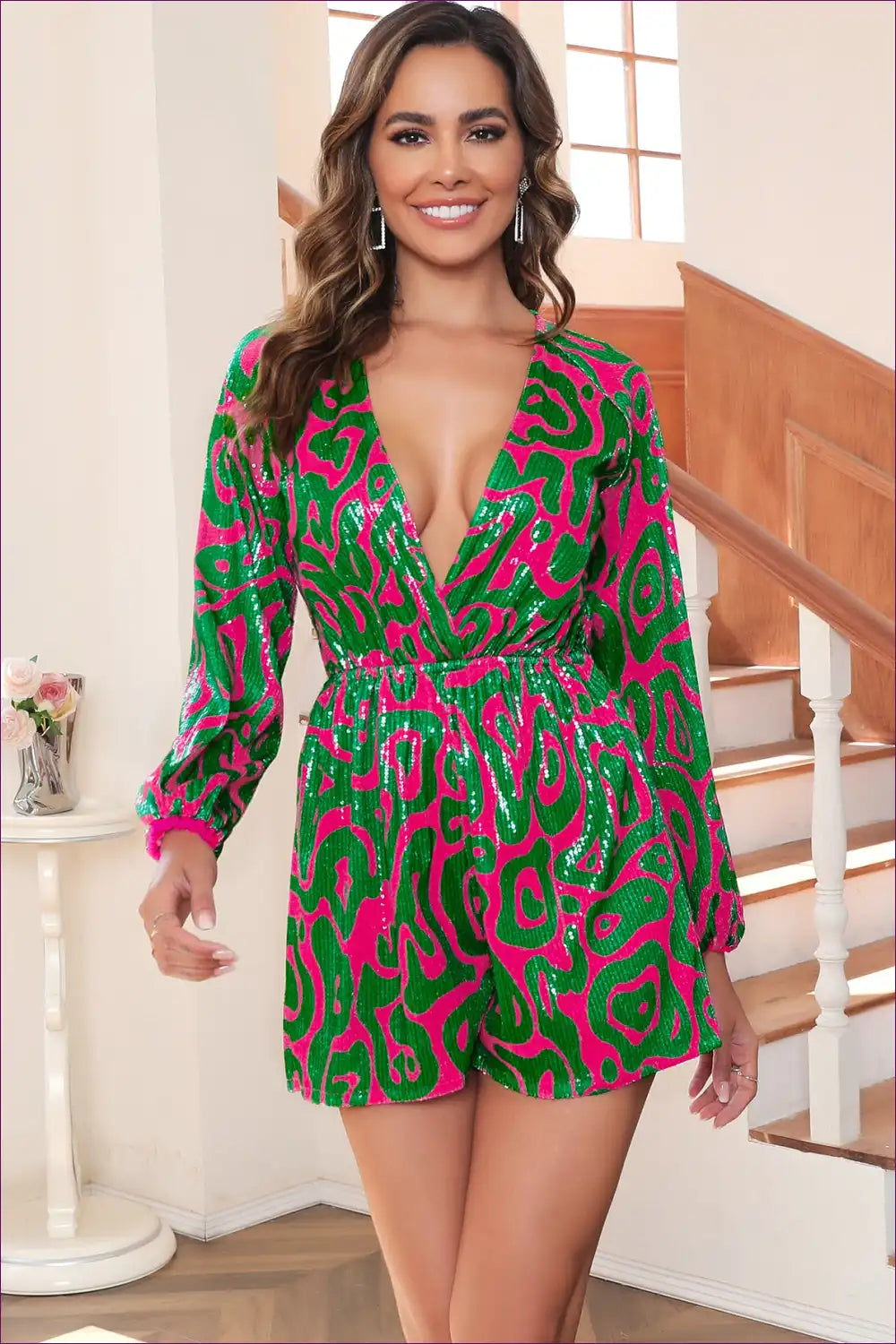 Shine Bright In This Dazzling Sequined Jumpsuit. Effortlessly Glamorous With Chic Lantern Sleeves, Make a Bold