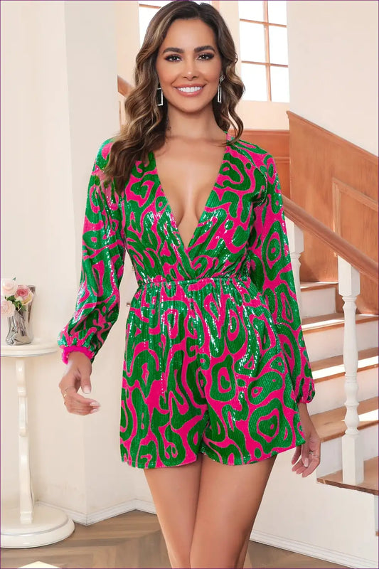 Shine Bright In This Dazzling Sequined Jumpsuit. Effortlessly Glamorous With Chic Lantern Sleeves, Make a Bold