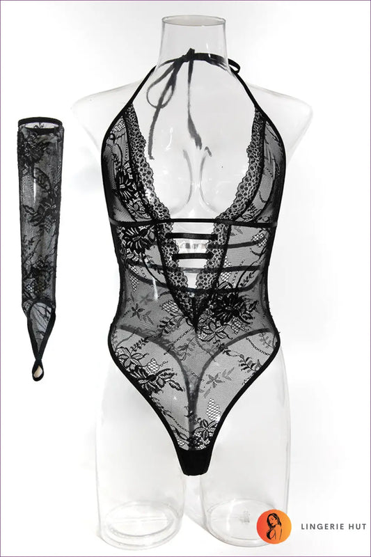 Deep v Lace Halter Bodysuit with Gloves - Effortless Allure - s / Black - All Season • Backless • Boudoir • Cutout