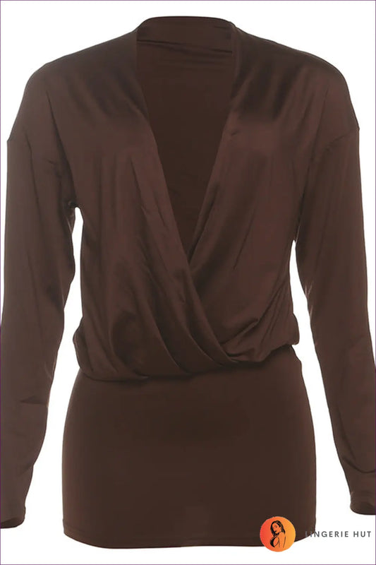 Deep v Mini Dress with Draped Front - Worth a Second Look - s / Brown - Dresses - Lingerie Hut - All Season • Autumn