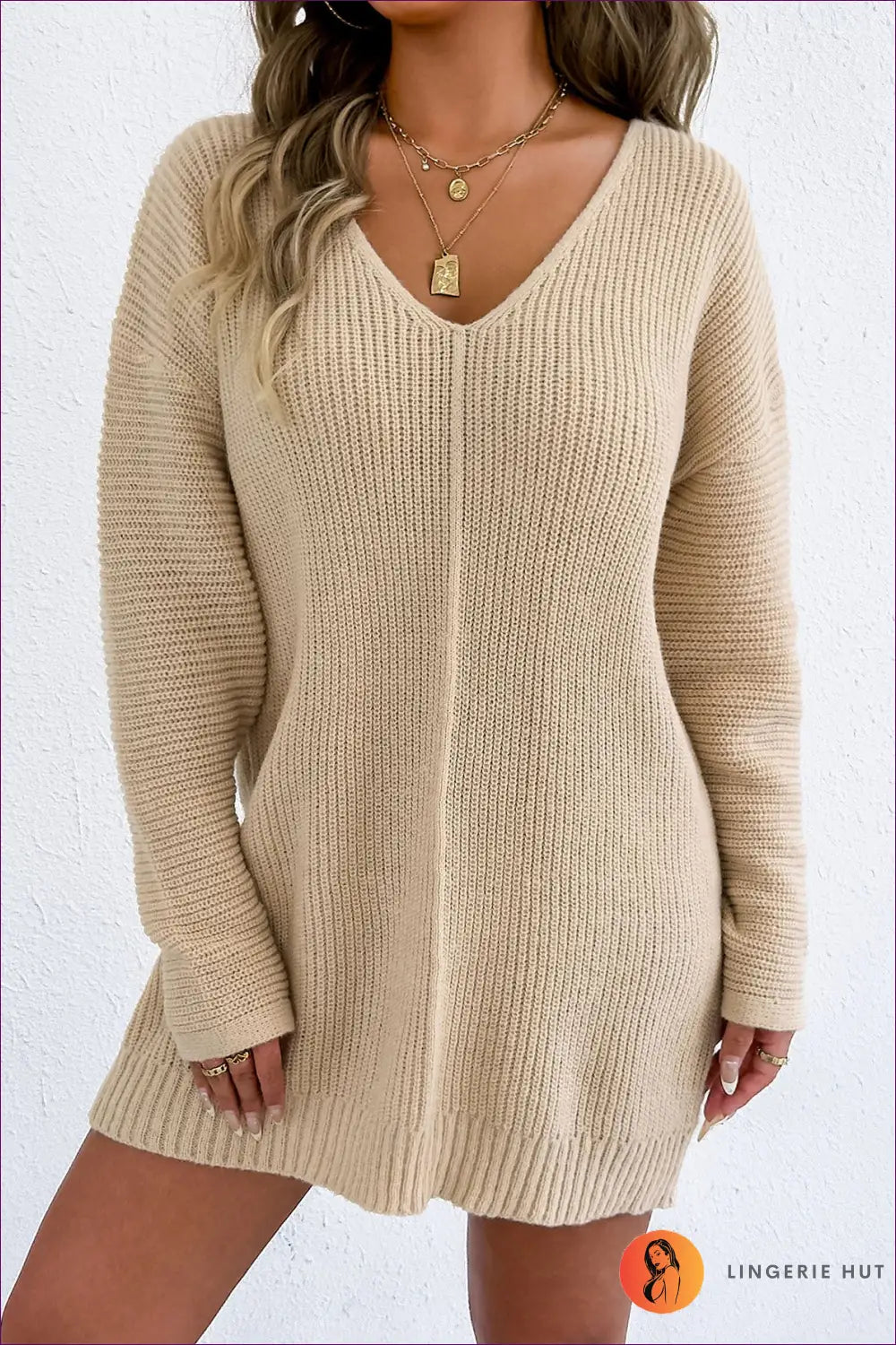 Deep V-neck Knit Sweater Dress - Effortless Everyday Chic - s / Apricot - Dresses - Bodycon • Casual • Clothing