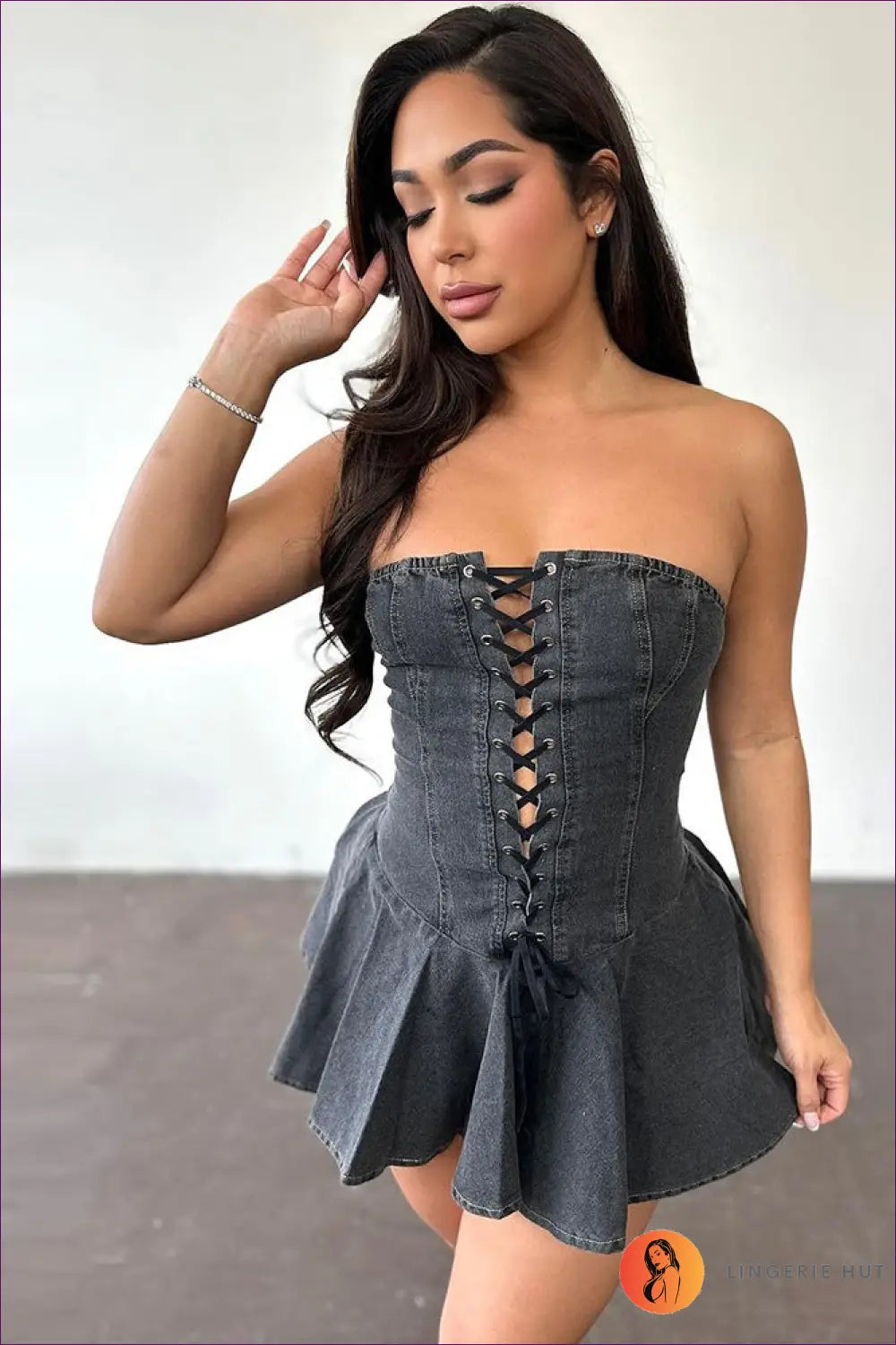 Denim Lace-up Mini Dress - Worth a Second Look - s / Black - Dresses - Lingerie Hut - A-line • Casual • Cutout • Date