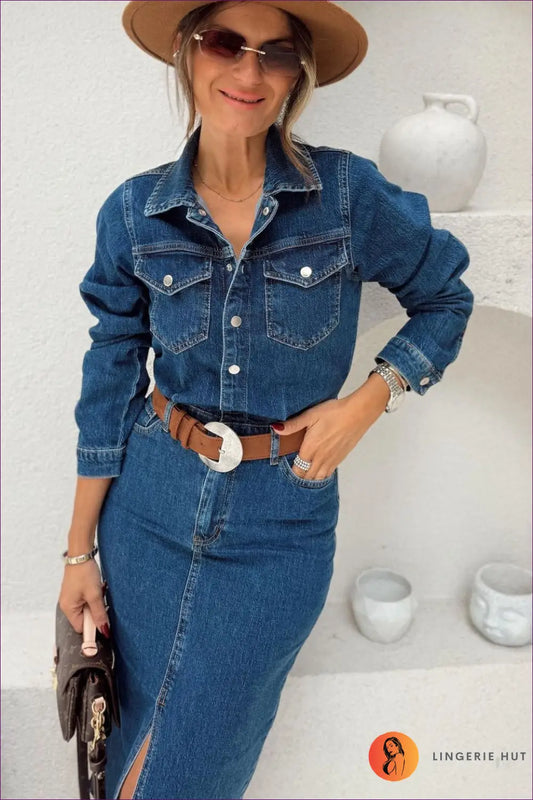 Denim Shirt Dress Midi Length - Effortless Everyday Polish - s / Blue - Lingerie Hut - A-line • All Season • Autumn