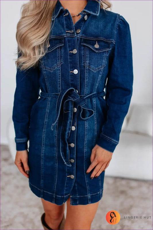 Denim Shirt Dress with Waist Tie - Everyday Effortless Style - s / Blue - Lingerie Hut - All Season • Boho • Casual
