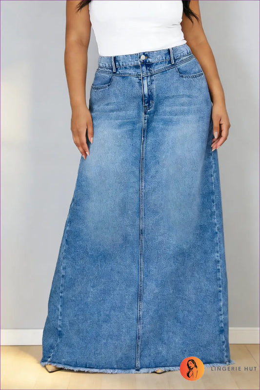 Denim Maxi Skirt with Frayed Hem - Effortless Authenticity - 2xl / Blue - Bodysuit - Lingerie Hut - A-line • All Season