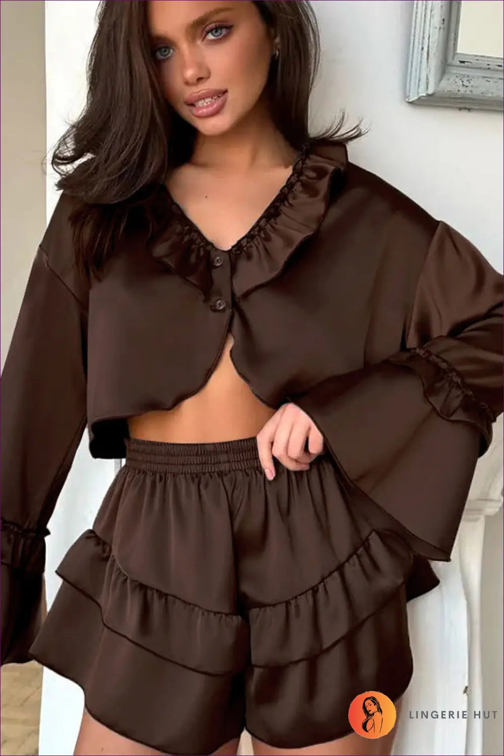 Double Ruffle Satin Pyjama Set - Effortless Off-duty Style - s / Brown - Lingerie Hut - All Season • Casual • Everyday