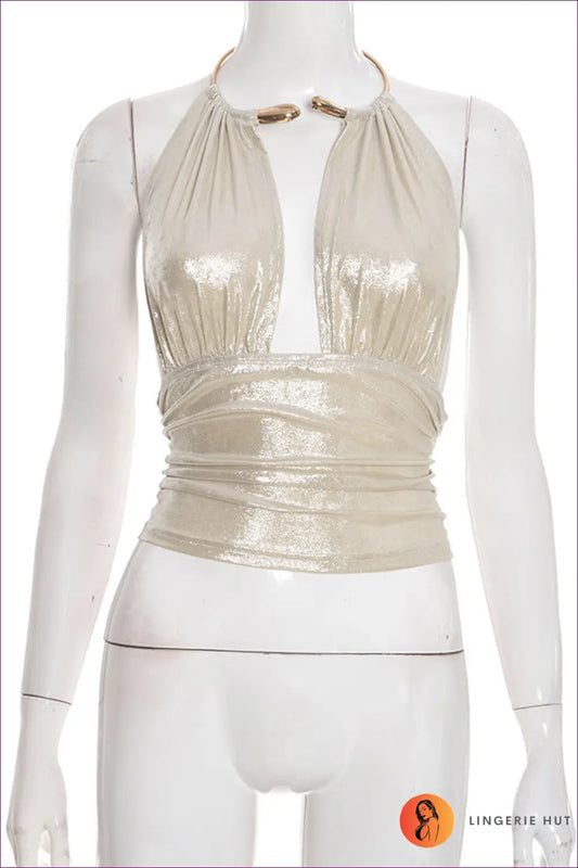 Draped Halter Crop Top with Gold Detail - Night-out Glamour - s / Apricot - Lingerie Hut - All Season • Clubwear