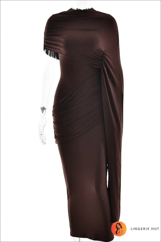 Draped Shoulder Wrap Midi Dress - Modern Cocktail Gatherings - s / Coffee - Dresses - Lingerie Hut - All Season