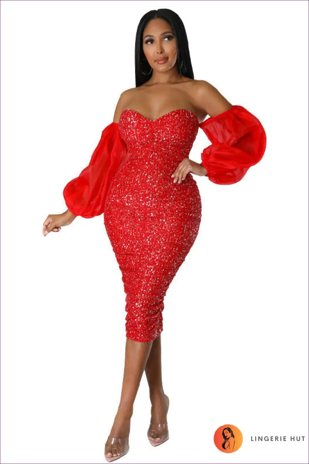 Sequin Midi Dress with Balloon Sleeves - Understated Glamour - s / Red - Dresses - Lingerie Hut - Autumn • Backless