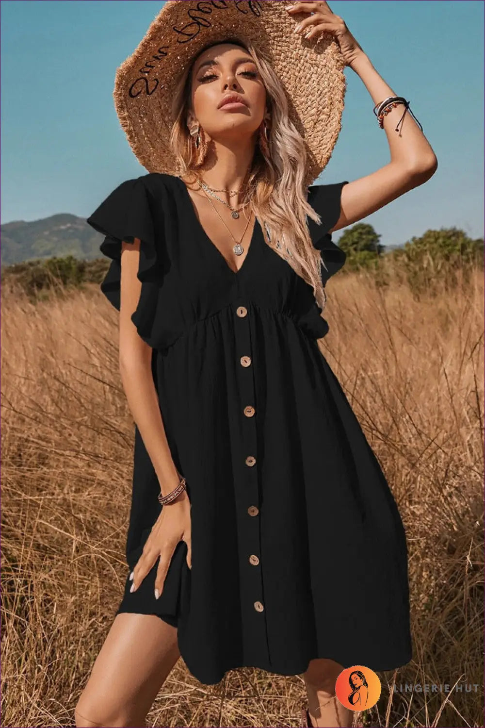 A-line Midi Dress with Flutter Sleeves - Effortless Elegance - Xs / Black - Dresses - Lingerie Hut - Boho • Casual