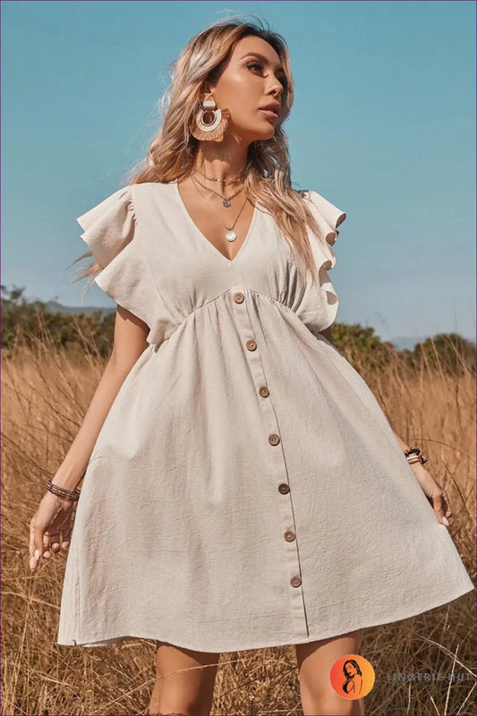 A-line Midi Dress with Flutter Sleeves - Effortless Elegance - Dresses - Lingerie Hut - Boho • Casual • Cotton