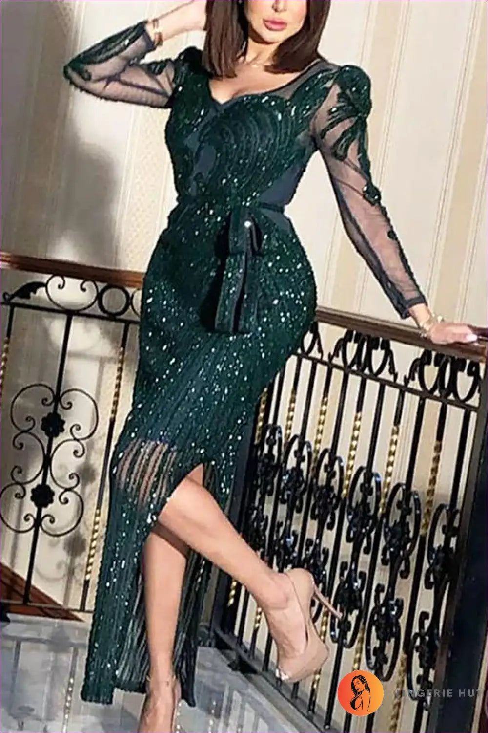 Beaded Maxi Dress with Sheer Sleeves - Understated Glamour - Dresses - Lingerie Hut - Autumn • Bridal • Evening Wear