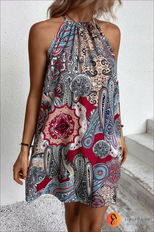 Dusty Pink Geometric Print Tiered Mini Dress - Tie Straps - Boho • Elegant • Everyday • just in - Colorain