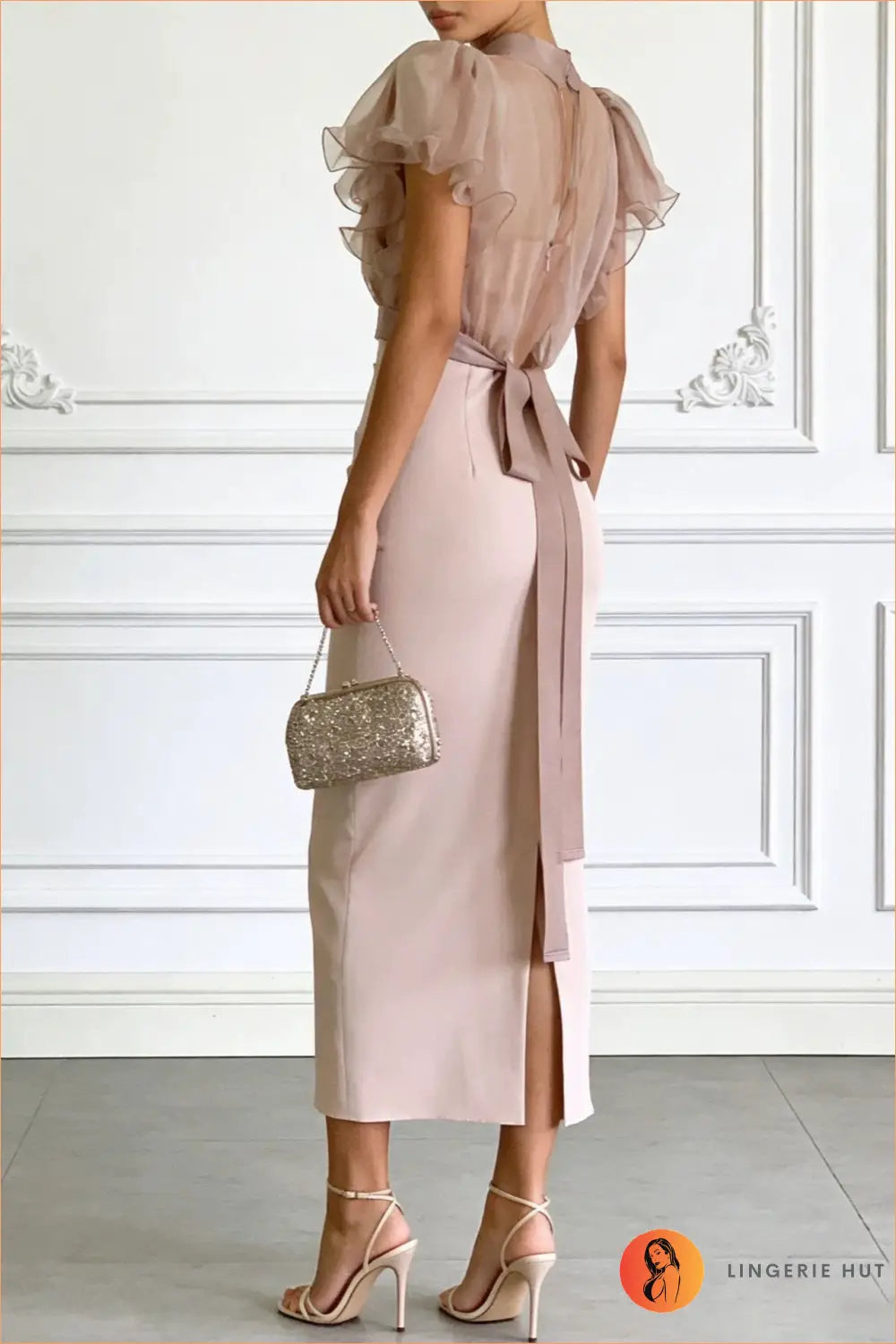Dusty Rose High-neck Midi Dress - Bodycon • Elegant • Everyday • Fishnet - Venly