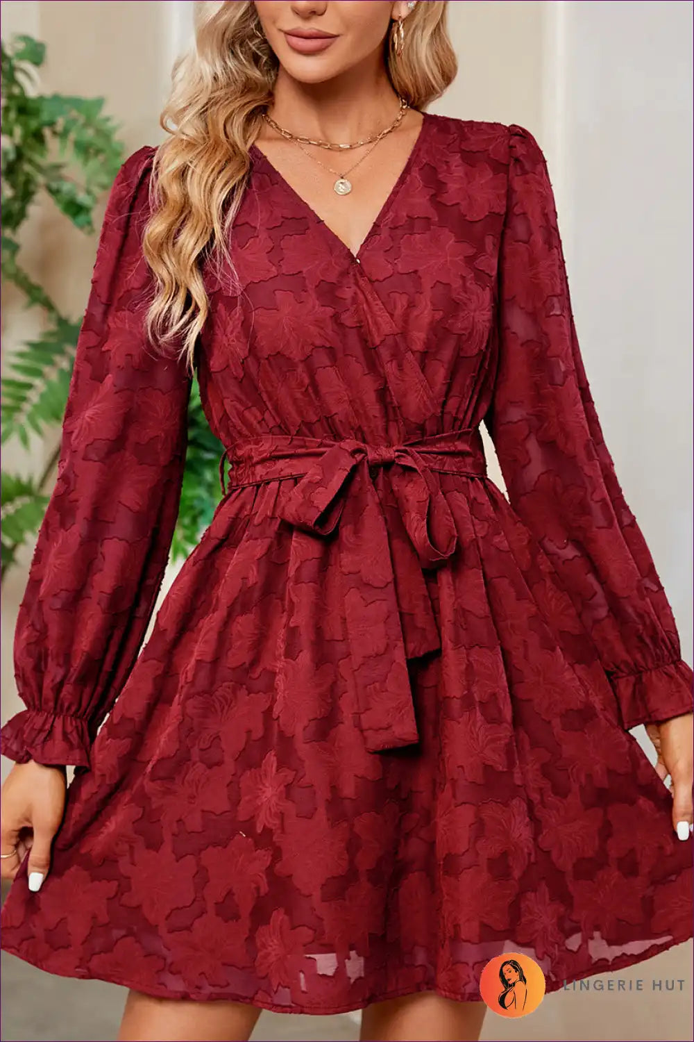 Get Ready To Turn Heads With Our Elegant Floral A-line Dress! Delicate Lace, Belted Waist & Timeless
