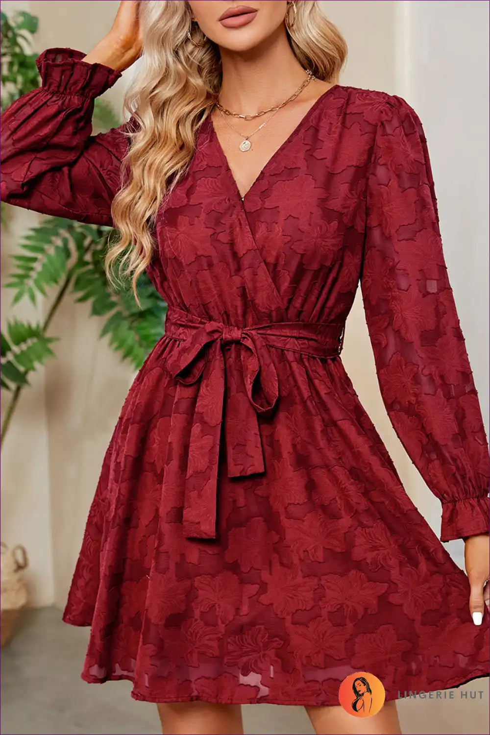 Get Ready To Turn Heads With Our Elegant Floral A-line Dress! Delicate Lace, Belted Waist & Timeless