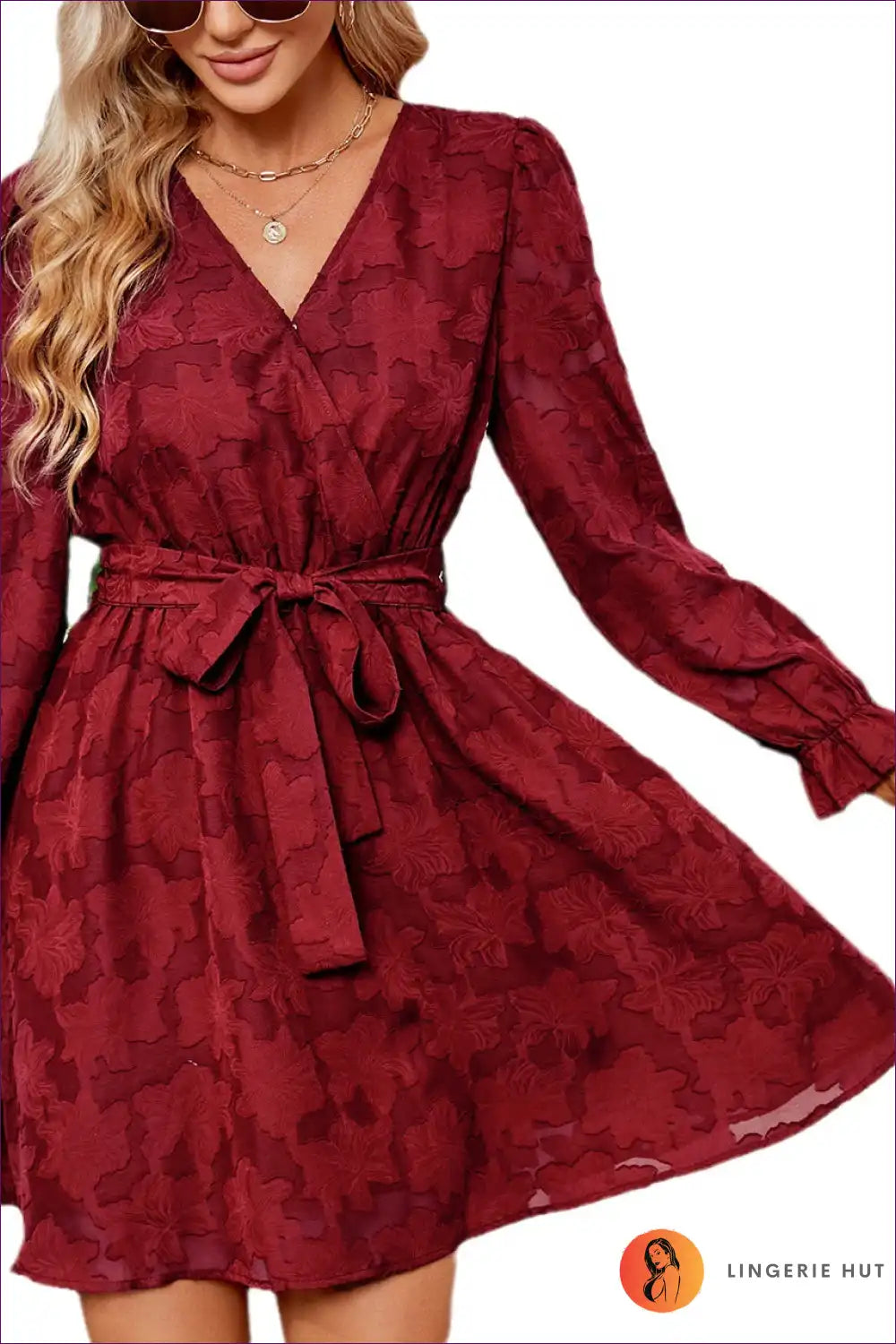 Get Ready To Turn Heads With Our Elegant Floral A-line Dress! Delicate Lace, Belted Waist & Timeless