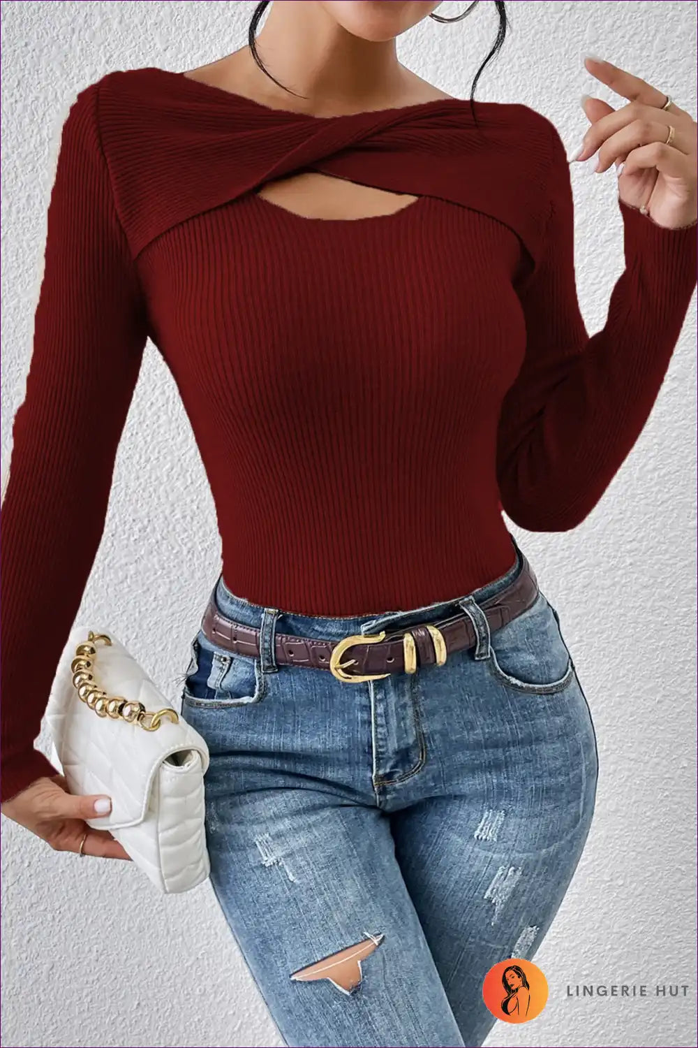 Elevate Your Style With Our Elegant Twisted Cutout Top, a Sophisticated Long Sleeve Crafted In Cozy Jersey.
