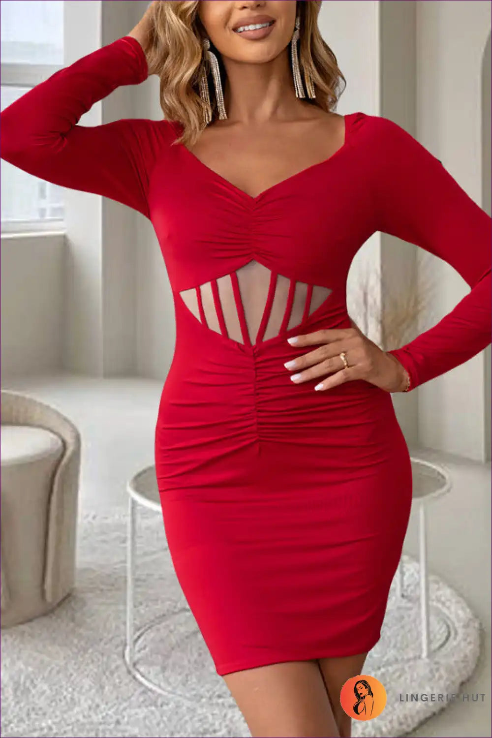 Step Into Timeless Elegance With Lingerie Hut’s Elegant V-neck Dress. Vintage Cut-out And Ruched Element
