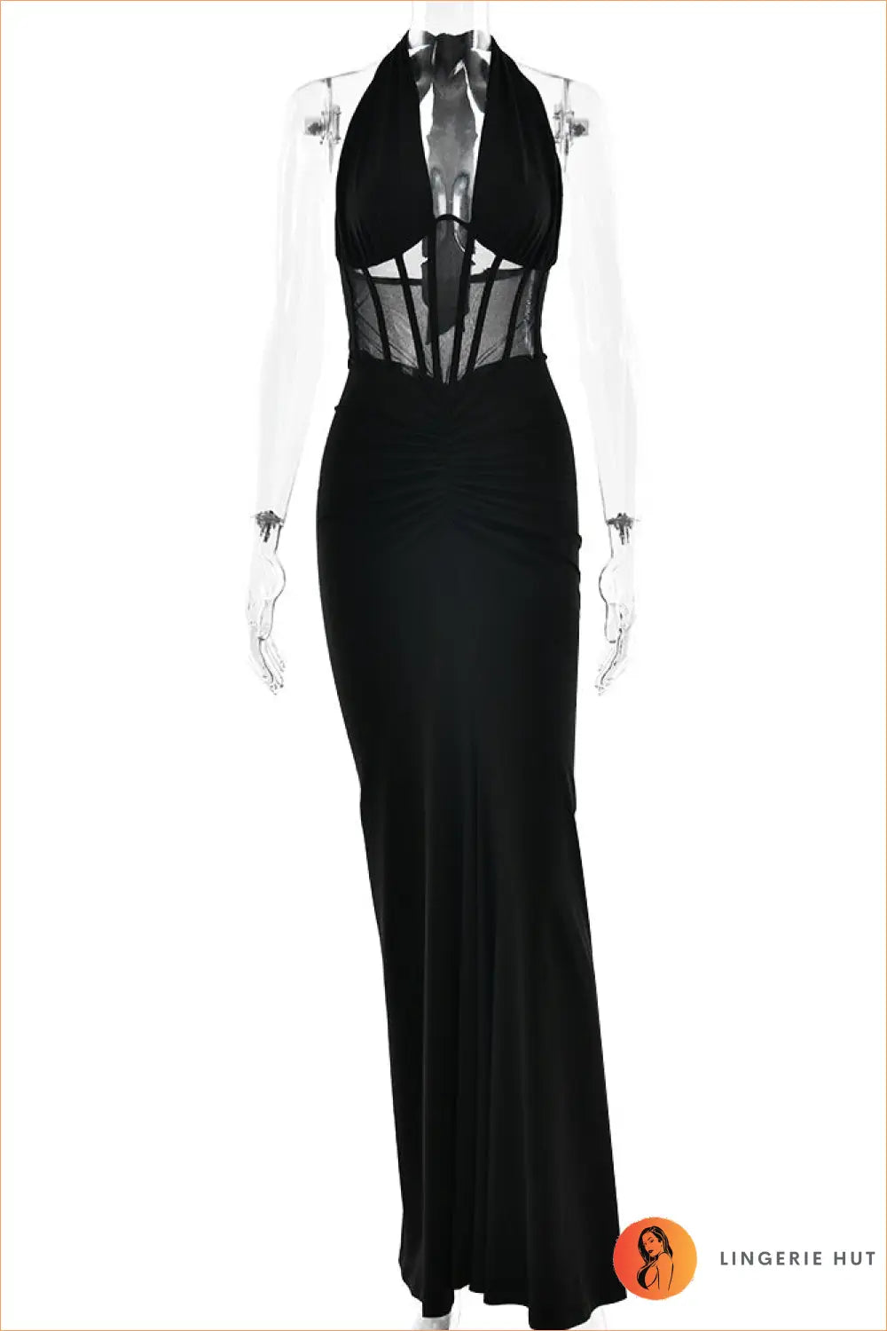 Halter Lace-up Maxi Dress - Corset Mesh Bodice - s / Black - Dresses • just in - Julissa
