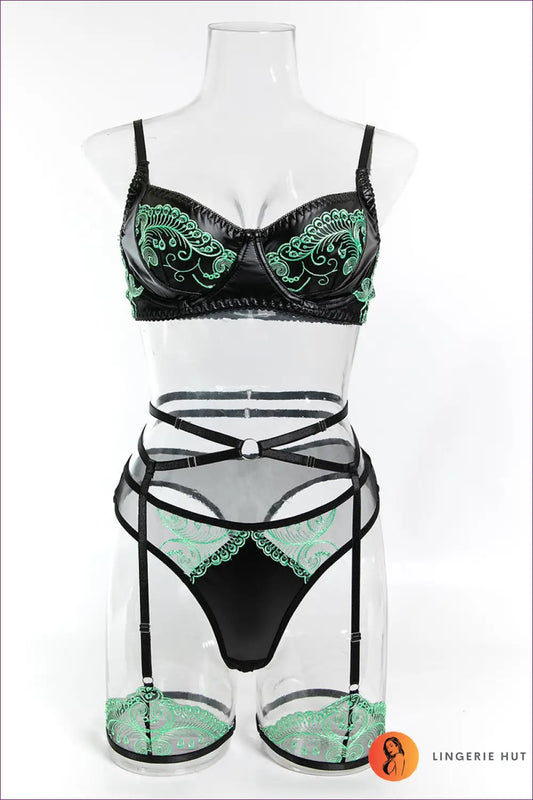 Embroidered Bra Set with Floral Lace - Quiet Confidence - s / Black Green - Boudoir • Garter • Lingerie Hut