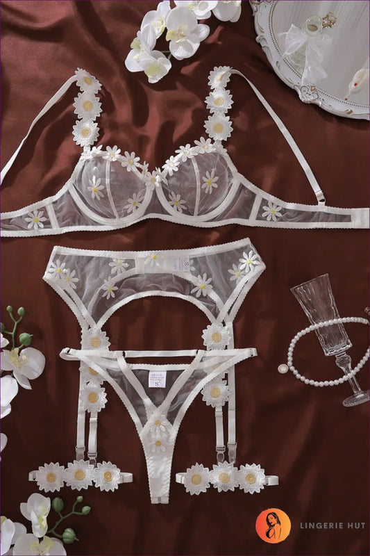 Embroidered Daisy Mesh Bra Set with Strappy Details - Spring Fantasy - s / White - Lingerie Hut - Boudoir • Bridal