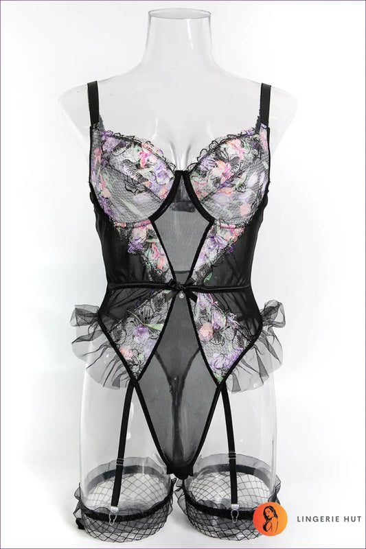 Embroidered Floral Bodysuit with Cutout - the Boudoir Edit - s / Black - Lingerie - Hut