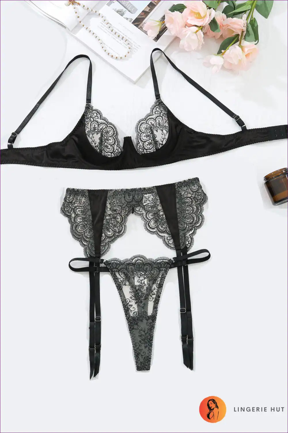 Embroidered Lace Bra and Panty Set with Garter - Luxe Romance for Boudoir, Set, co Ord, Date Night, Everyday