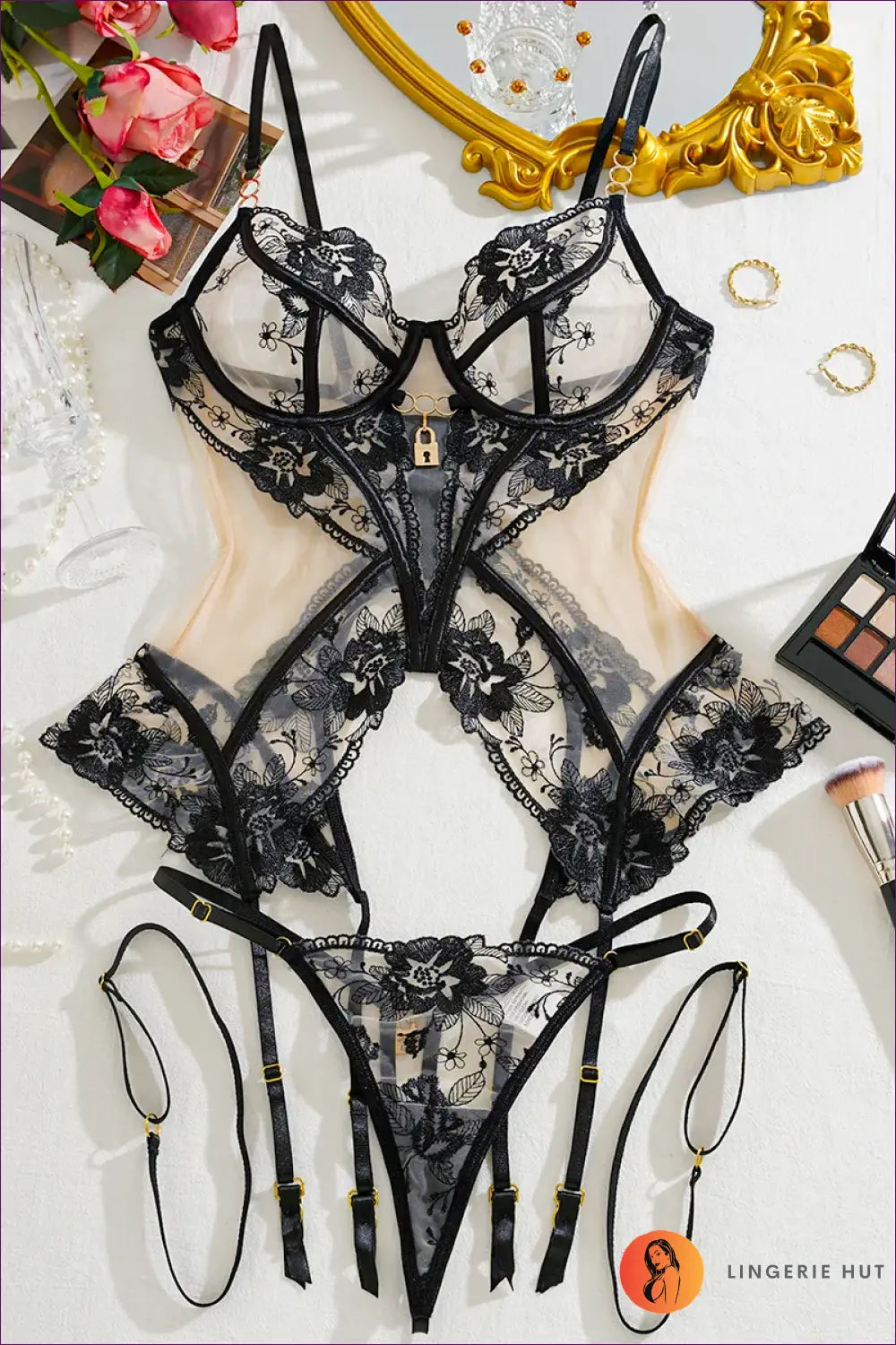 Embroidered Lace Bra Set with Garter Straps - Sophisticated Evenings - Black / Xs - Cutout • Everyday • Floral