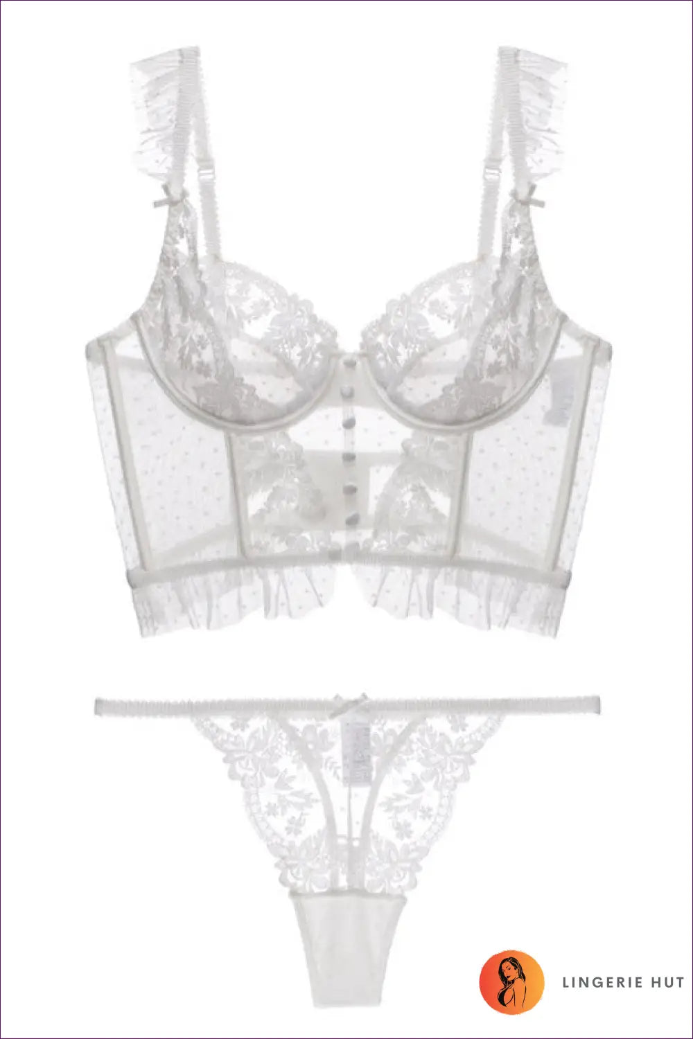 Embroidered Lace Bra Set with Polka Dot Mesh - the Honeymoon Edit - s / White (2 Pieces) - Lingerie Hut - All Season