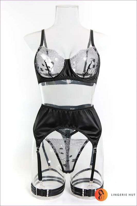 Embroidered Mesh Bra Set - the Honeymoon Edit - s / Black - Lingerie Hut - All Season • Boudoir • Cutout • Date Night