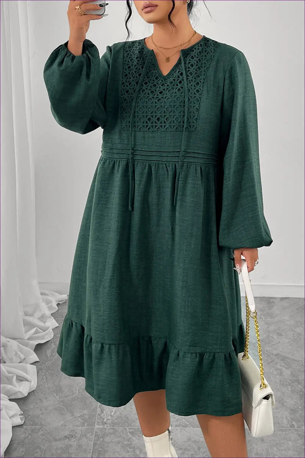 Embroidered Midi Dress with Balloon Sleeves - Artisan Charm - Dresses - A-line • Boho • Casual • Everyday - Lingerie Hut