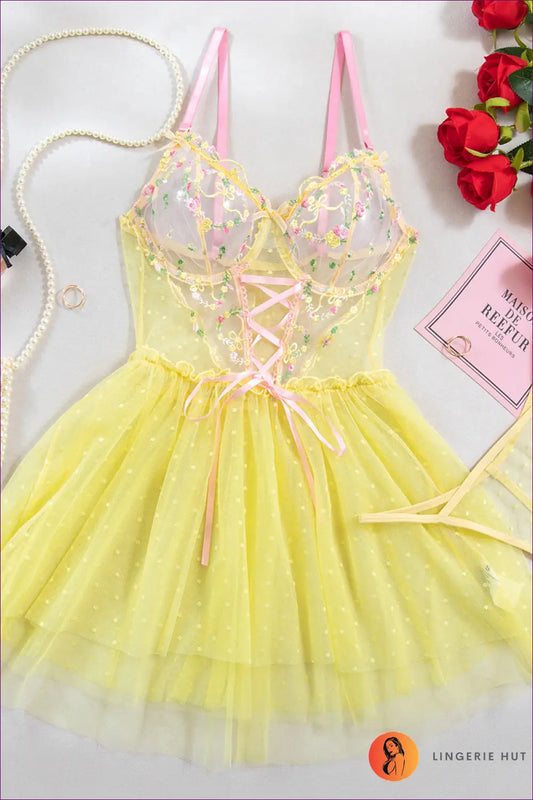 Embroidered Polka Dot Babydoll - the Honeymoon Edit - s / Yellow - Lingerie Hut - Boudoir • Cutout • Evening Wear • Lace