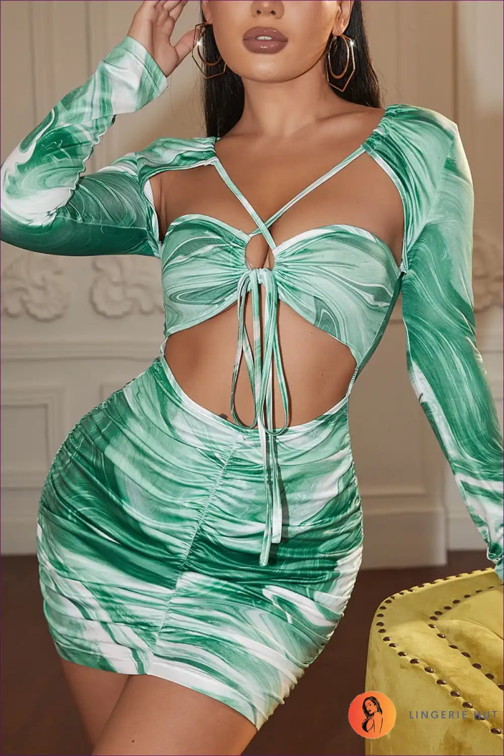 Embrace The Seduction, Swirl Print And Cutout Details! Turn Heads With Bodycon Dress’s Slim Fit Ruched Design.