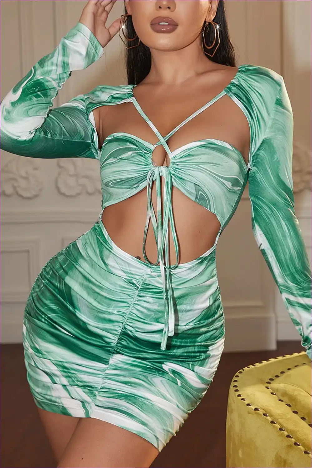 Embrace The Seduction, Swirl Print And Cutout Details! Turn Heads With Bodycon Dress’s Slim Fit Ruched Design.