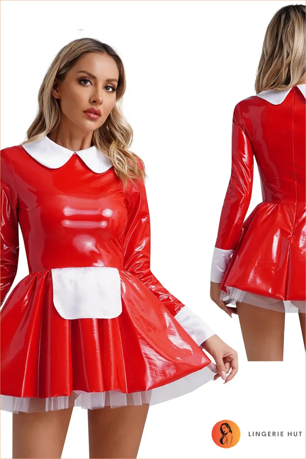 Maid Costume Mini Dress with Glossy Finish - Party Fantasy Edit - Red / s - Dresses - Apron • Clubwear • Halloween