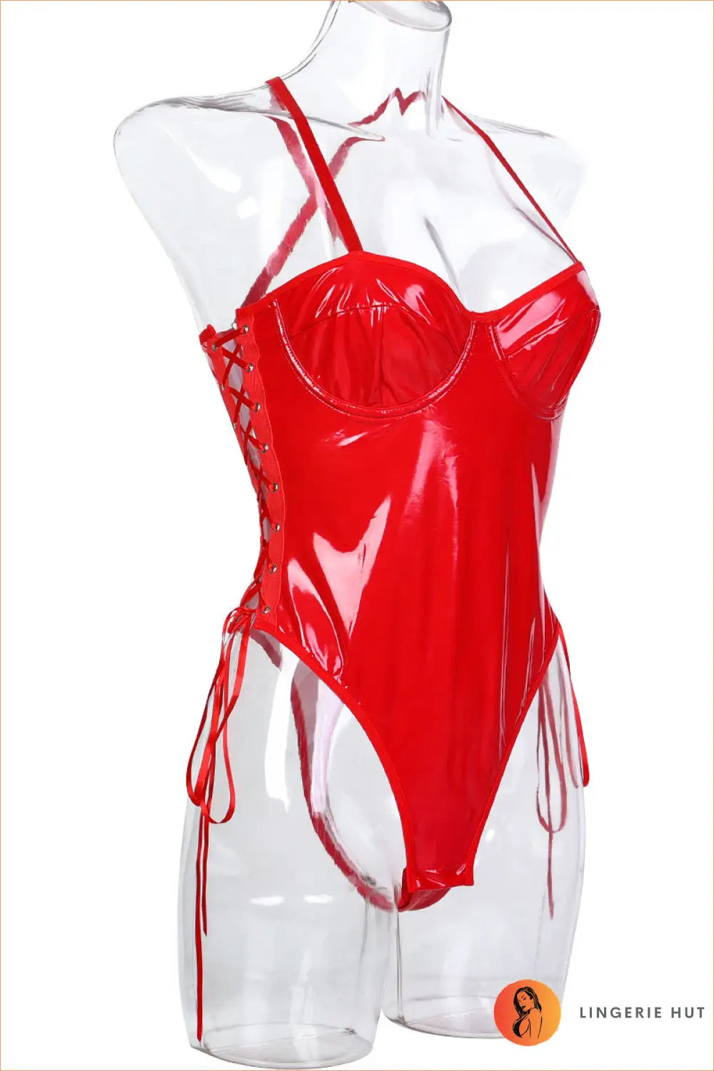 Faux Leather Bodysuit with Lace-up Sides - Worth a Second Look - s / Red - Cutout • Lace • Lingerie - Hut
