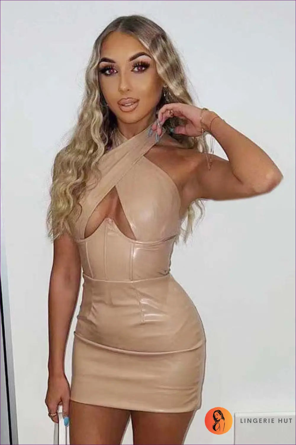 Faux Leather Cross-neck Mini Dress - After-dark Glamour - s / Apricot - Dresses - Lingerie Hut - Bodycon • Cutout